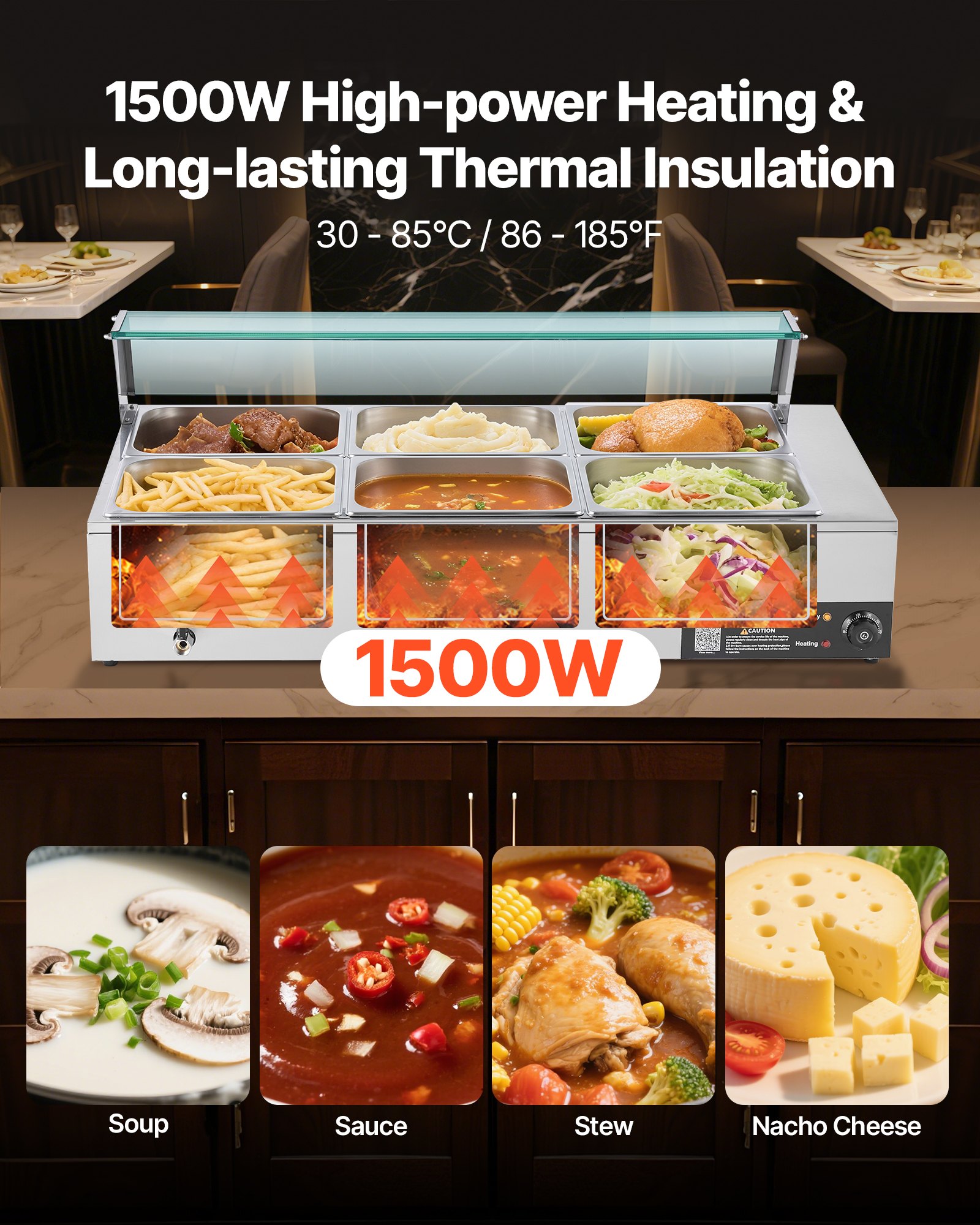VEVOR Calentador de Alimentos 1500 W Eléctrico, Acero Inoxidable, con Vapor y Tapa de Cristal, 6 Bandejas de 1/2, para Bufé, Baño María con Cucharones para Sopa y Perforados, 1100 x 570 x 385 mm