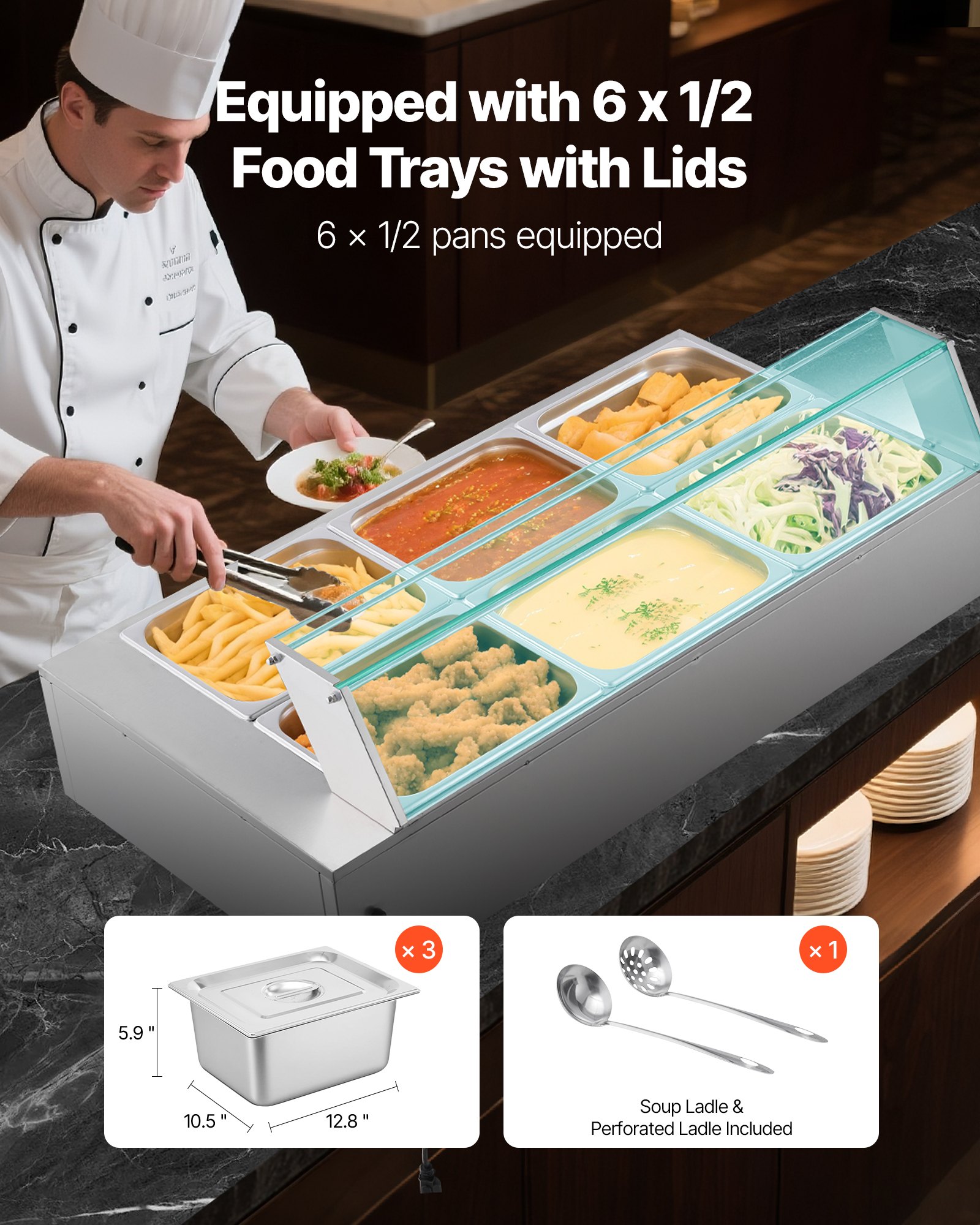 VEVOR Calentador de Alimentos 1500 W Eléctrico, Acero Inoxidable, con Vapor y Tapa de Cristal, 6 Bandejas de 1/2, para Bufé, Baño María con Cucharones para Sopa y Perforados, 1100 x 570 x 385 mm