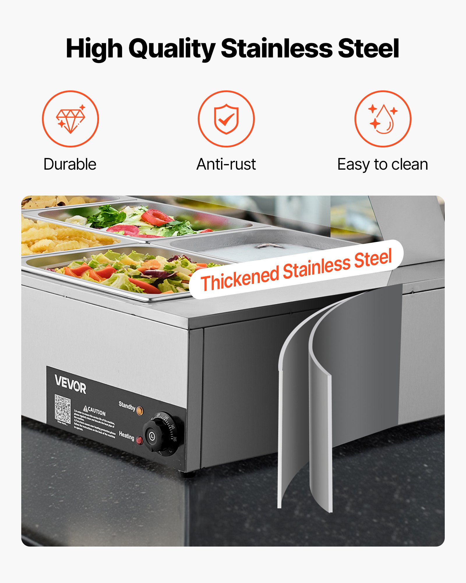 VEVOR Calentador de Alimentos 1500 W Eléctrico, Acero Inoxidable, con Vapor y Tapa de Cristal, 6 Bandejas de 1/2, para Bufé, Baño María con Cucharones para Sopa y Perforados, 1100 x 570 x 385 mm