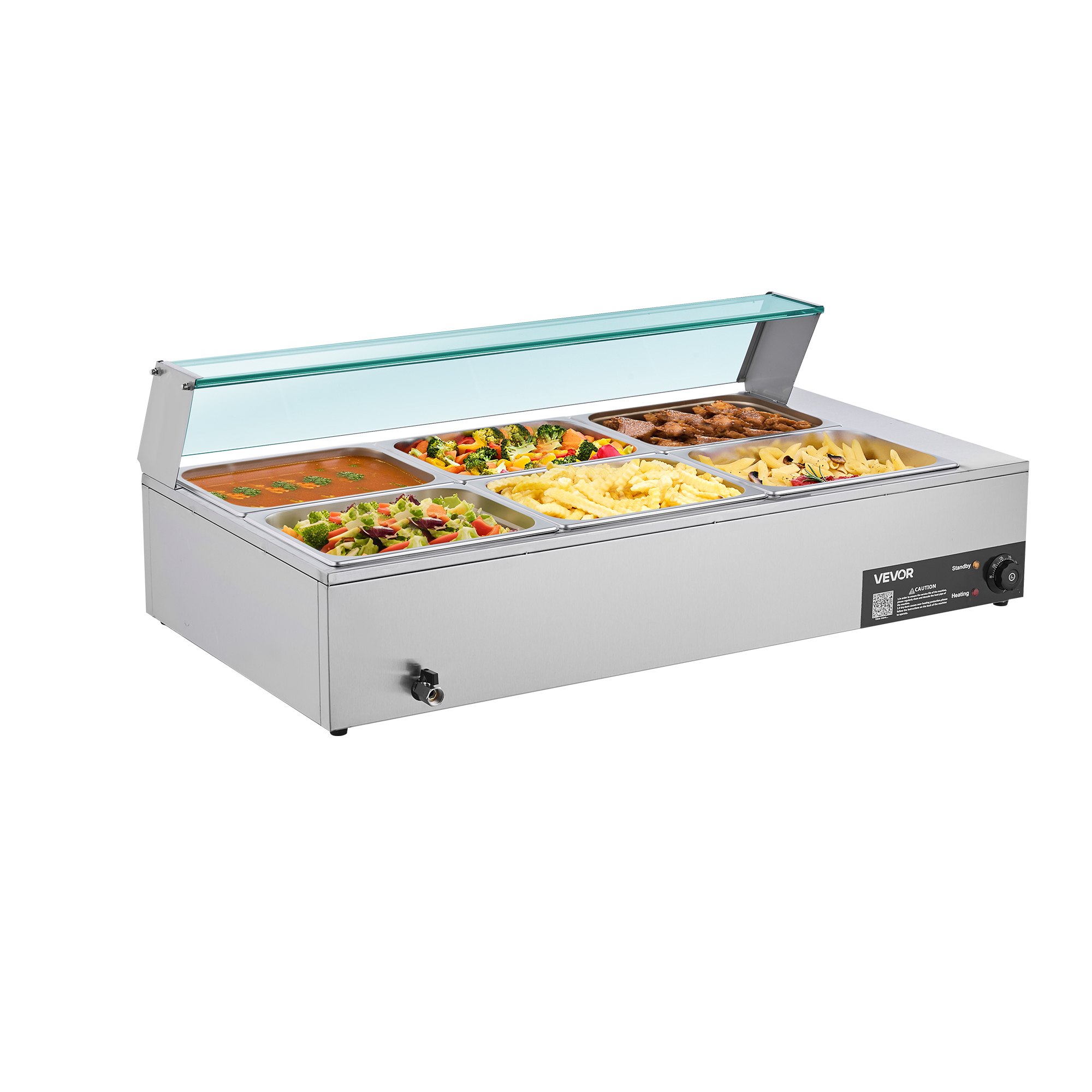 VEVOR Calentador de Alimentos 1500 W Eléctrico, Acero Inoxidable, con Vapor y Tapa de Cristal, 6 Bandejas de 1/2, para Bufé, Baño María con Cucharones para Sopa y Perforados, 1100 x 570 x 385 mm