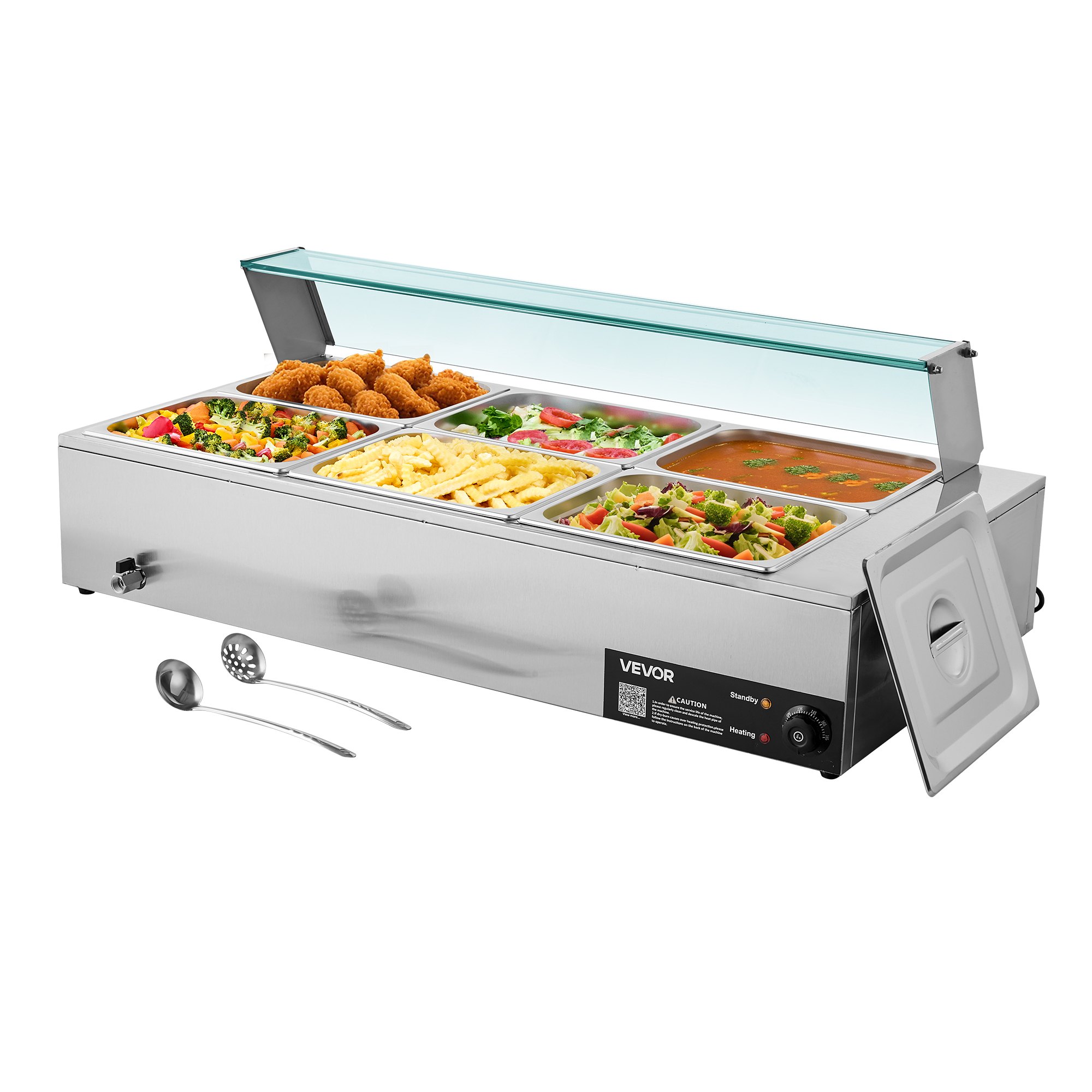 VEVOR Calentador de Alimentos 1500 W Eléctrico, Acero Inoxidable, con Vapor y Tapa de Cristal, 6 Bandejas de 1/2, para Bufé, Baño María con Cucharones para Sopa y Perforados, 1100 x 570 x 385 mm