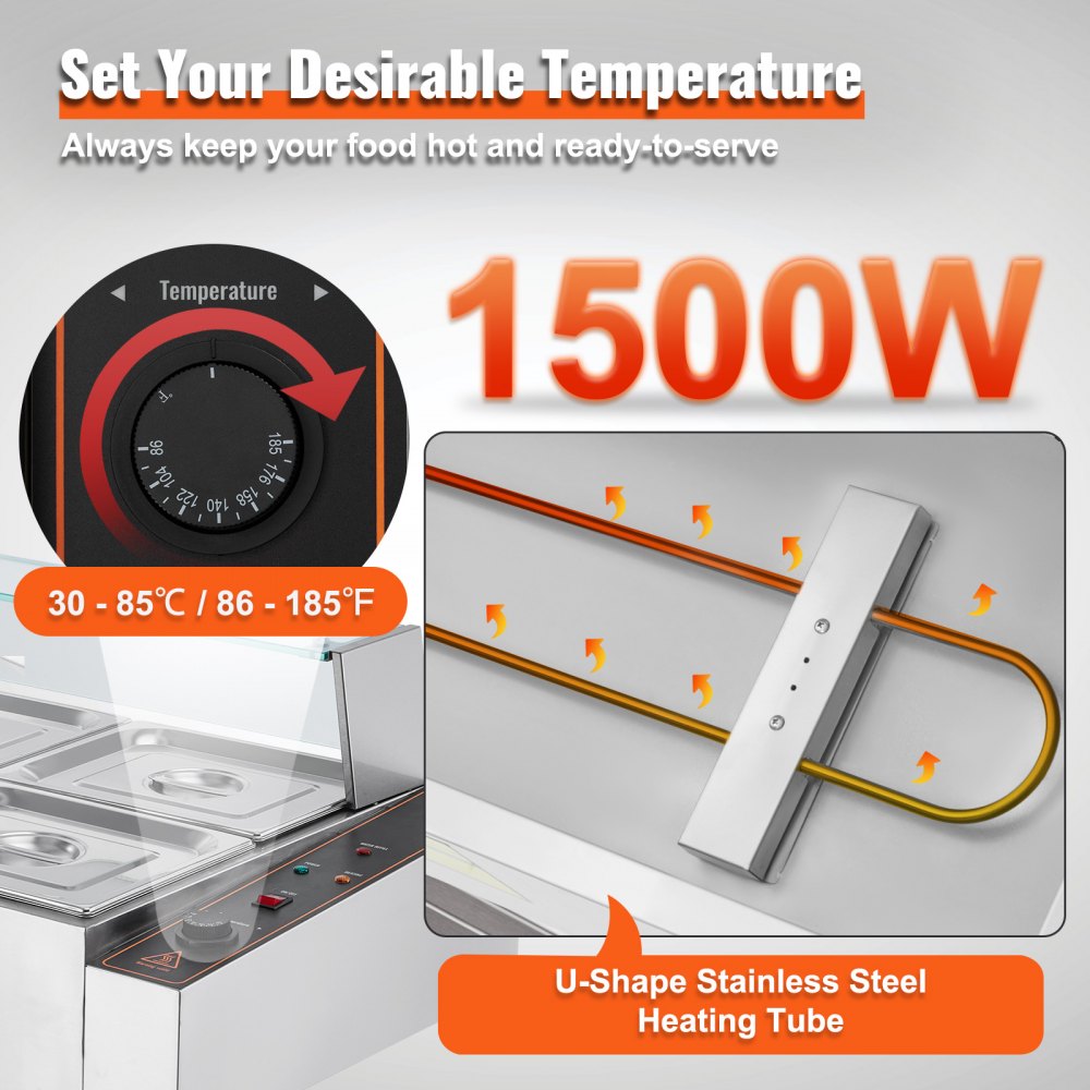 VEVOR Calentador de alimentos comercial de 6 sartenes, mesa de vapor eléctrica de 6 x 8 qt con cubierta de vidrio, 1500 W, encimera de acero inoxidable, control de temperatura de 86-185 °F para catering, restaurantes, plateado