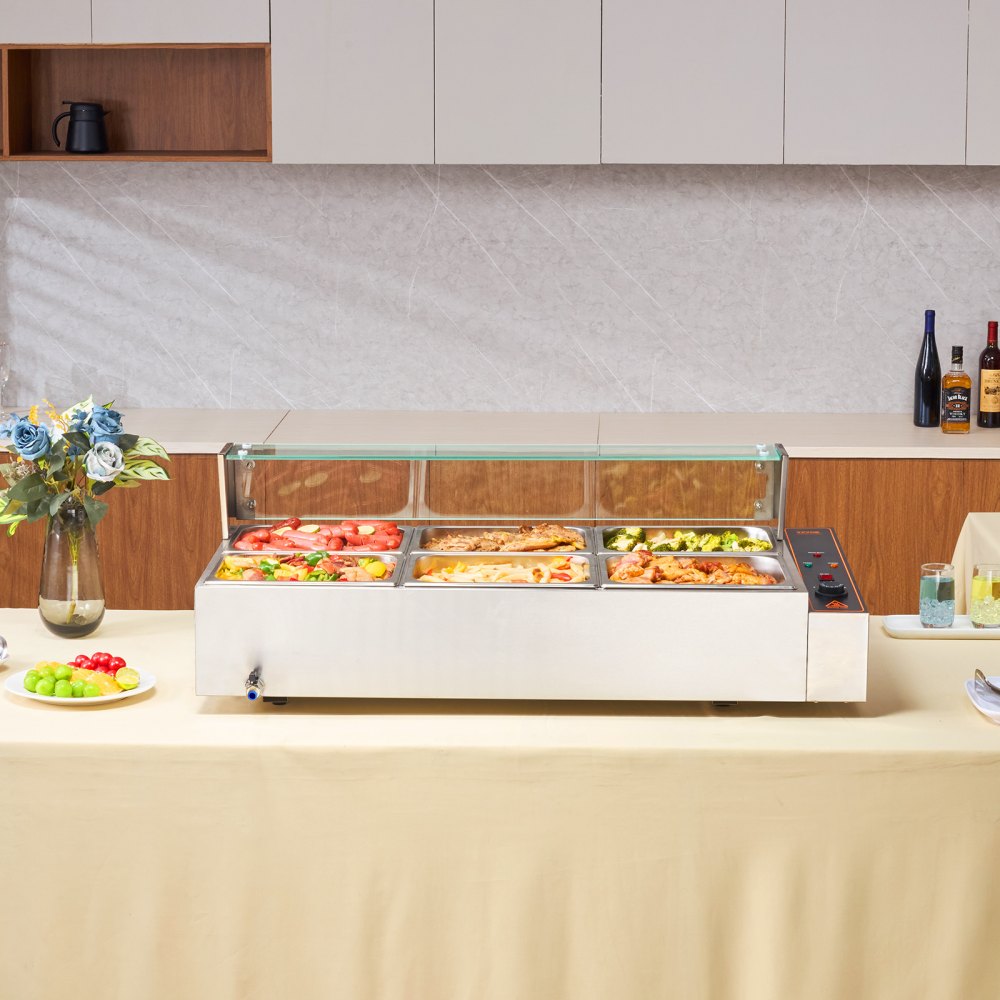 VEVOR Calentador de alimentos comercial de 6 sartenes, mesa de vapor eléctrica de 6 x 8 qt con cubierta de vidrio, 1500 W, encimera de acero inoxidable, control de temperatura de 86-185 °F para catering, restaurantes, plateado