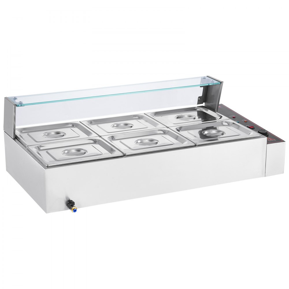 VEVOR Calentador de alimentos comercial de 6 sartenes, mesa de vapor eléctrica de 6 x 8 qt con cubierta de vidrio, 1500 W, encimera de acero inoxidable, control de temperatura de 86-185 °F para catering, restaurantes, plateado