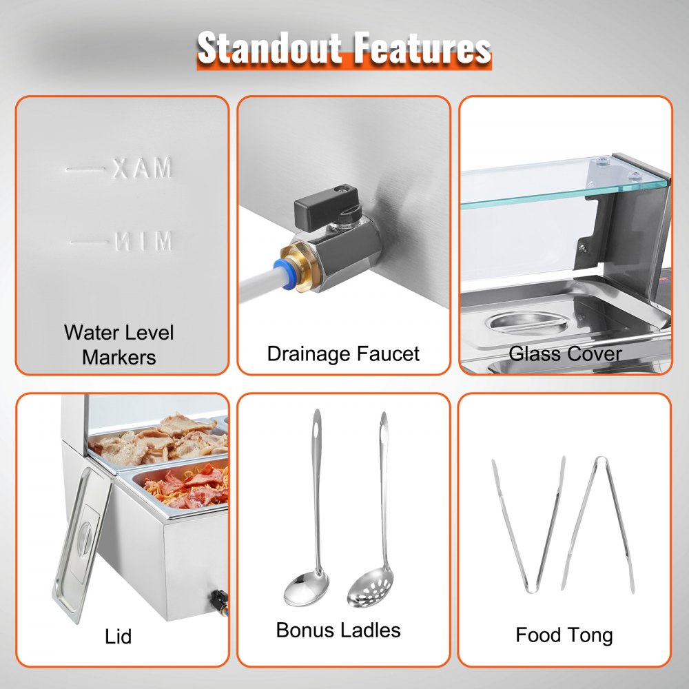 VEVOR Commercial Food Warmer with 6 x 8 Qt Containers, Electric Steam Table with Glass Cover, 1500W Stainless Steel Worktop, Buffet Bain-Marie, 30-85°C Temperature Control for Catering
