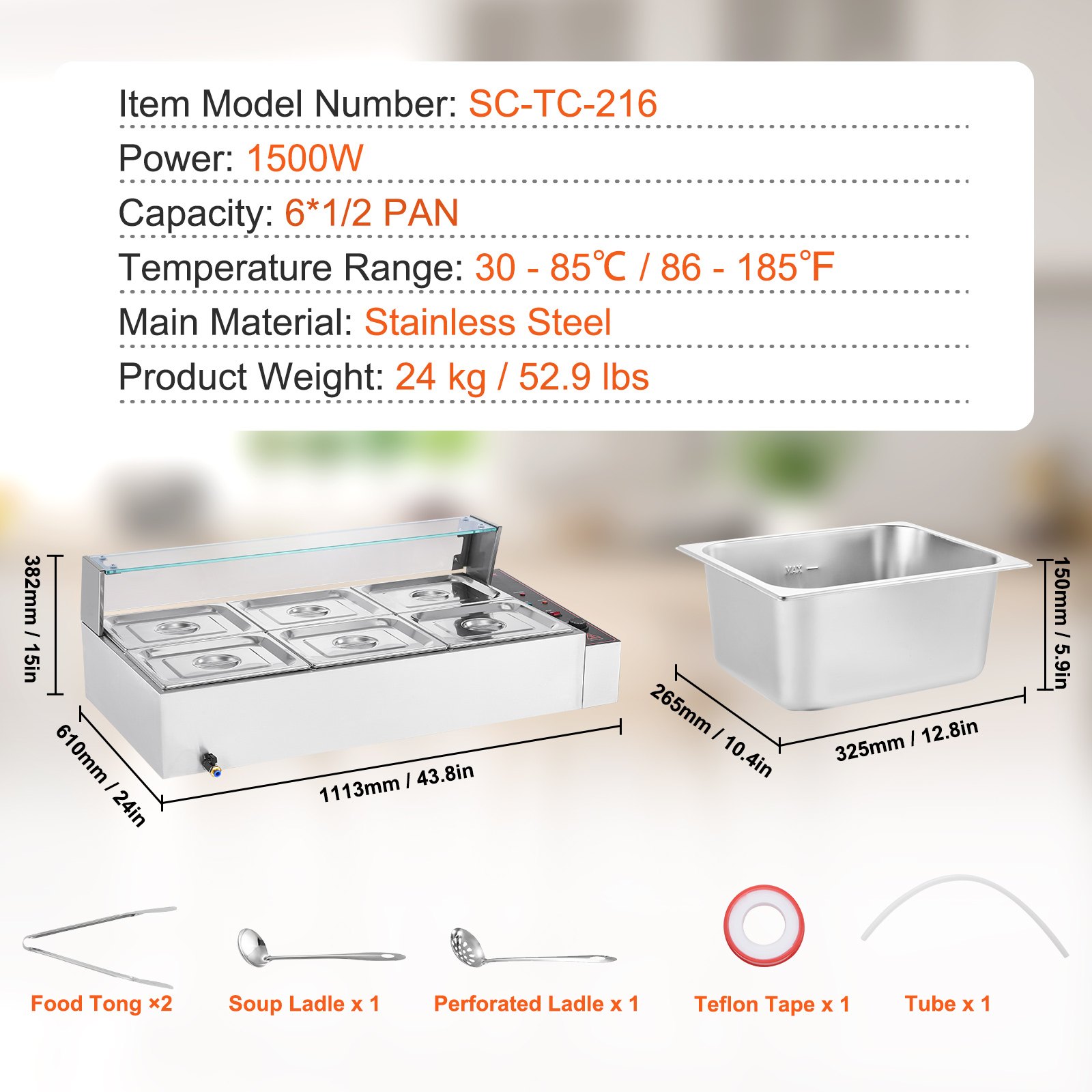 VEVOR Calentador de alimentos comercial de 6 sartenes, mesa de vapor eléctrica de 6 x 8 qt con cubierta de vidrio, 1500 W, encimera de acero inoxidable, control de temperatura de 86-185 °F para catering, restaurantes, plateado