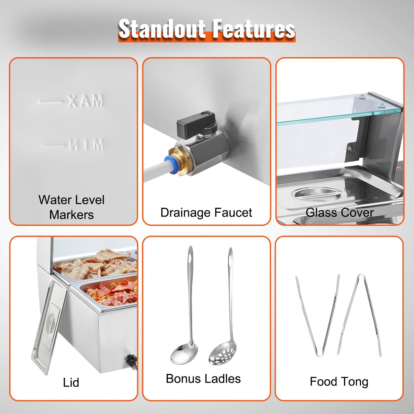 VEVOR Commercial Food Warmer with 6 x 8 Qt Containers, Electric Steam Table with Glass Cover, 1500W Stainless Steel Worktop, Buffet Bain-Marie, 30-85°C Temperature Control for Catering