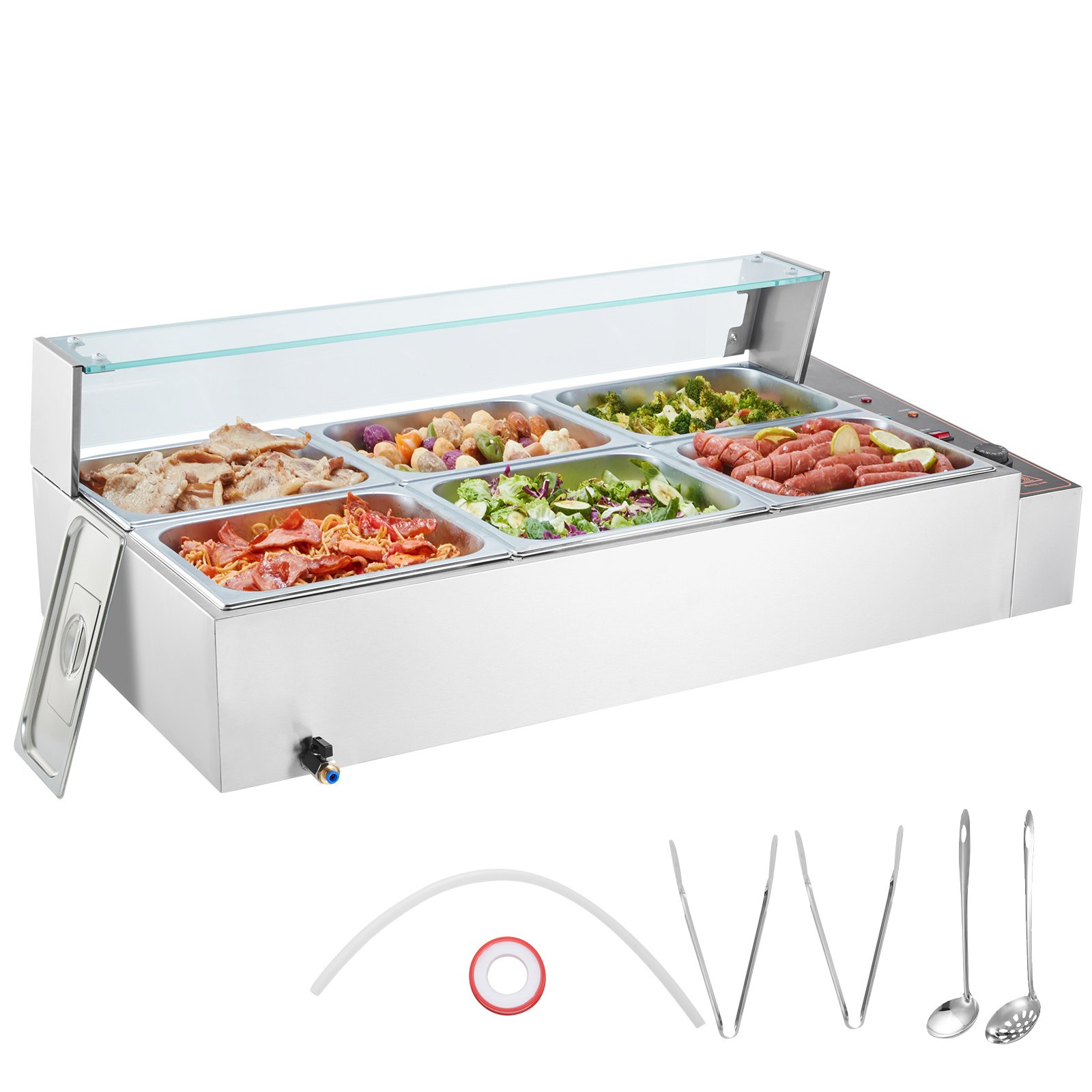VEVOR Commercial Food Warmer with 6 x 8 Qt Containers, Electric Steam Table with Glass Cover, 1500W Stainless Steel Worktop, Buffet Bain-Marie, 30-85°C Temperature Control for Catering