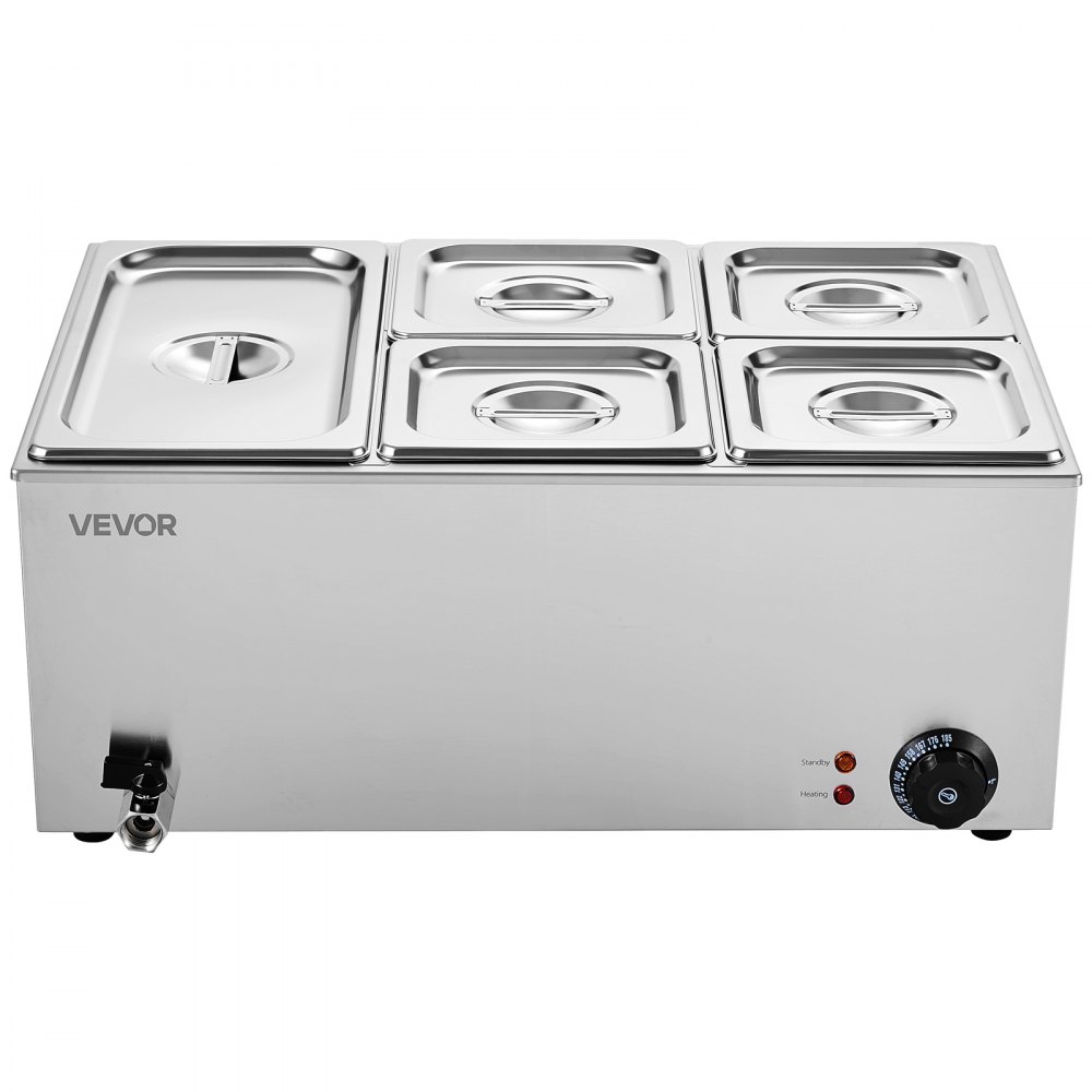 Calentador de alimentos comercial de 5 sartenes VEVOR, mesa de vapor eléctrica de 14,5 l, 1200 W, encimera profesional de acero inoxidable, para bufé, baño María, con control de temperatura de 86 a 185 °F para catering y restaurantes, color plateado