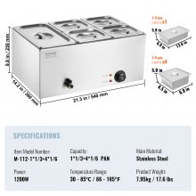 VEVOR Calentador Alimentos Eléctrico 5 Sartenes 14,5 L 540 x 360 x 250 mm 1200 W