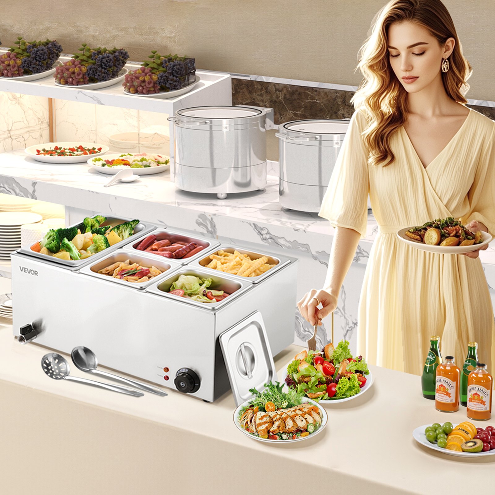Calentador de alimentos comercial de 5 sartenes VEVOR, mesa de vapor eléctrica de 14,5 l, 1200 W, encimera profesional de acero inoxidable, para bufé, baño María, con control de temperatura de 86 a 185 °F para catering y restaurantes, color plateado