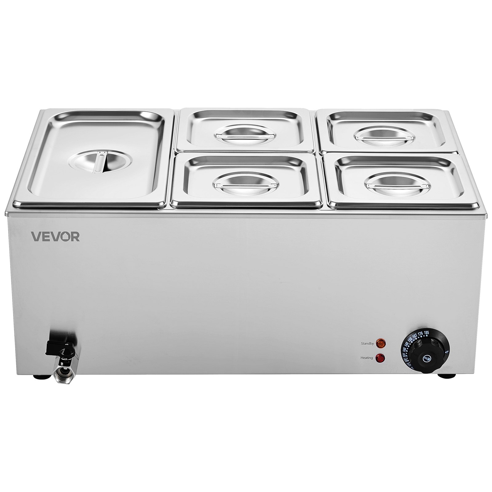 Calentador de alimentos comercial de 5 sartenes VEVOR, mesa de vapor eléctrica de 14,5 l, 1200 W, encimera profesional de acero inoxidable, para bufé, baño María, con control de temperatura de 86 a 185 °F para catering y restaurantes, color plateado