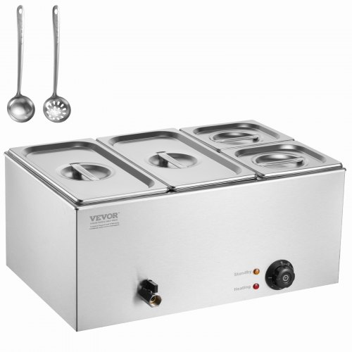 Calentador de alimentos comercial de 4 sartenes VEVOR, mesa de vapor eléctrica de 15,5 l, 1200 W, encimera profesional de acero inoxidable, para bufé, baño María, con control de temperatura de 86 a 185 °F para catering y restaurantes, color plateado