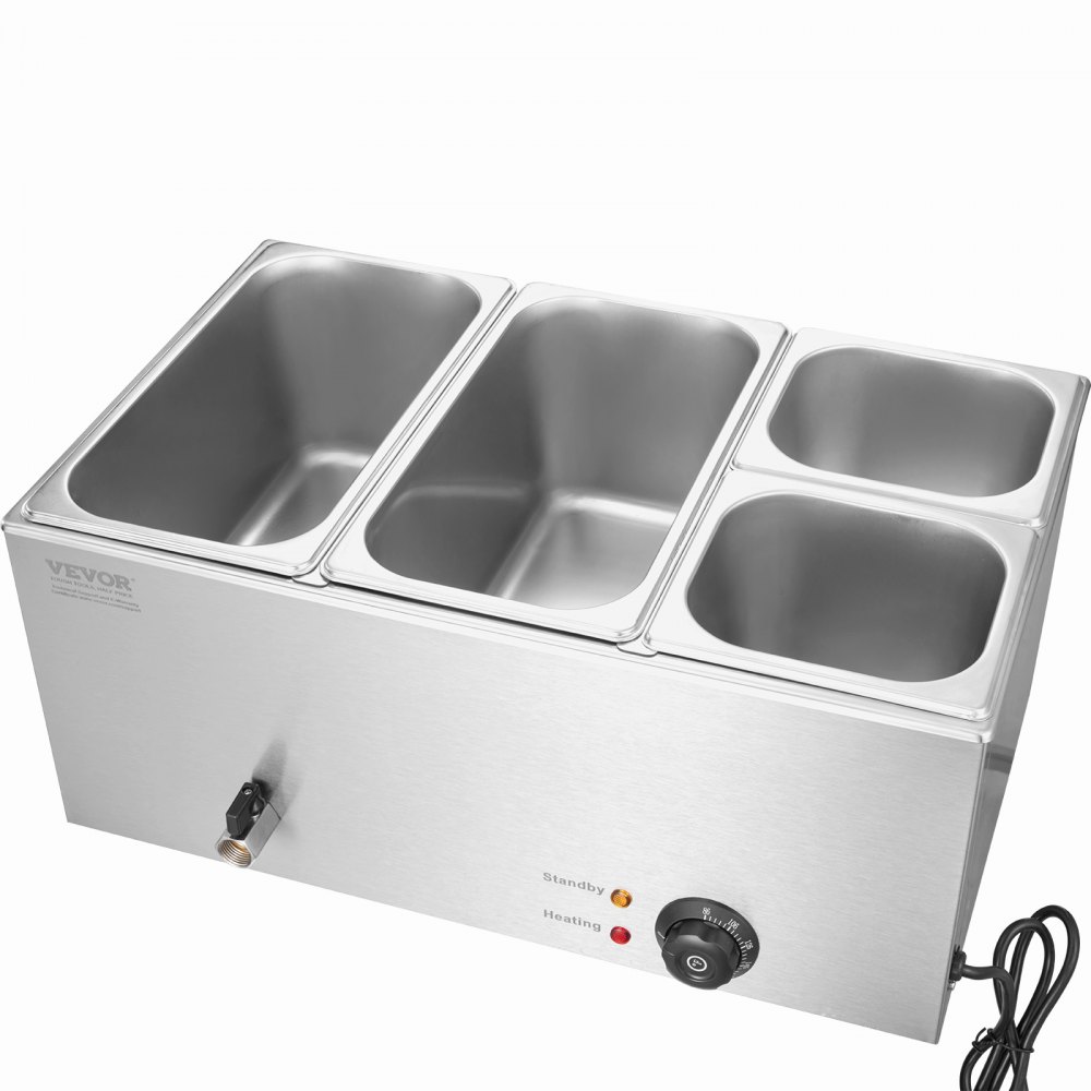 Calentador de alimentos comercial de 4 sartenes VEVOR, mesa de vapor eléctrica de 15,5 l, 1200 W, encimera profesional de acero inoxidable, para bufé, baño María, con control de temperatura de 86 a 185 °F para catering y restaurantes, color plateado
