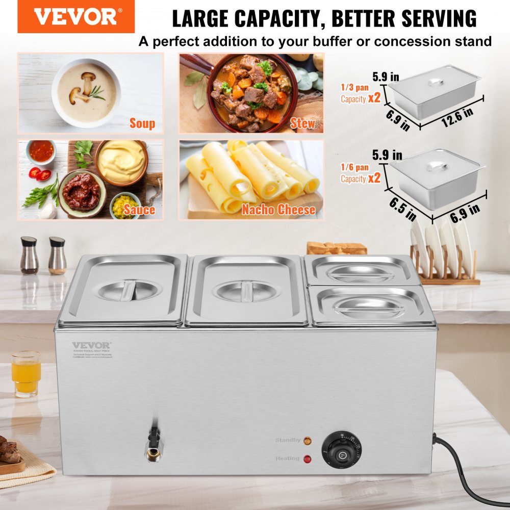 Calentador de alimentos comercial de 4 sartenes VEVOR, mesa de vapor eléctrica de 15,5 l, 1200 W, encimera profesional de acero inoxidable, para bufé, baño María, con control de temperatura de 86 a 185 °F para catering y restaurantes, color plateado