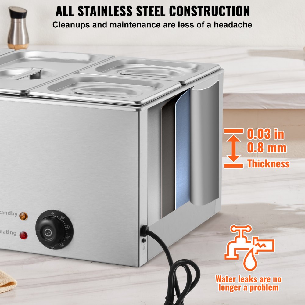 Calentador de alimentos comercial de 4 sartenes VEVOR, mesa de vapor eléctrica de 15,5 l, 1200 W, encimera profesional de acero inoxidable, para bufé, baño María, con control de temperatura de 86 a 185 °F para catering y restaurantes, color plateado