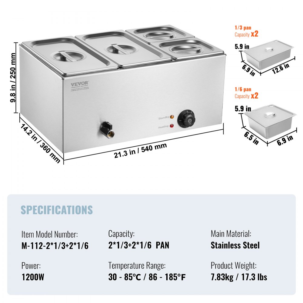Calentador de alimentos comercial de 4 sartenes VEVOR, mesa de vapor eléctrica de 15,5 l, 1200 W, encimera profesional de acero inoxidable, para bufé, baño María, con control de temperatura de 86 a 185 °F para catering y restaurantes, color plateado
