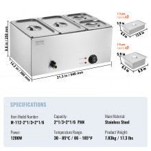 VEVOR Calentador Alimentos Eléctrico 4 Sartenes 15,5 L 540 x 360 x 250 mm 1200 W