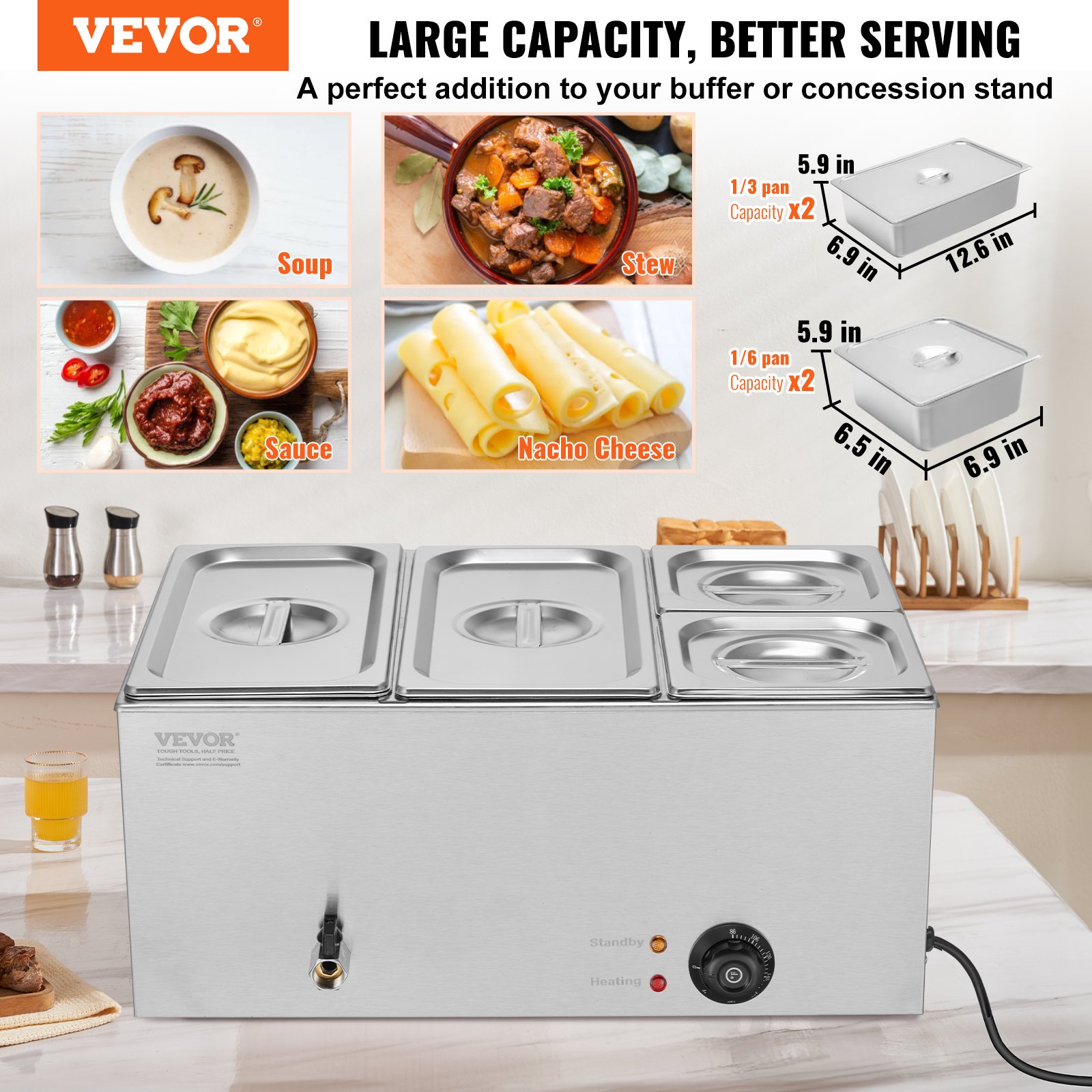 Calentador de alimentos comercial de 4 sartenes VEVOR, mesa de vapor eléctrica de 15,5 l, 1200 W, encimera profesional de acero inoxidable, para bufé, baño María, con control de temperatura de 86 a 185 °F para catering y restaurantes, color plateado