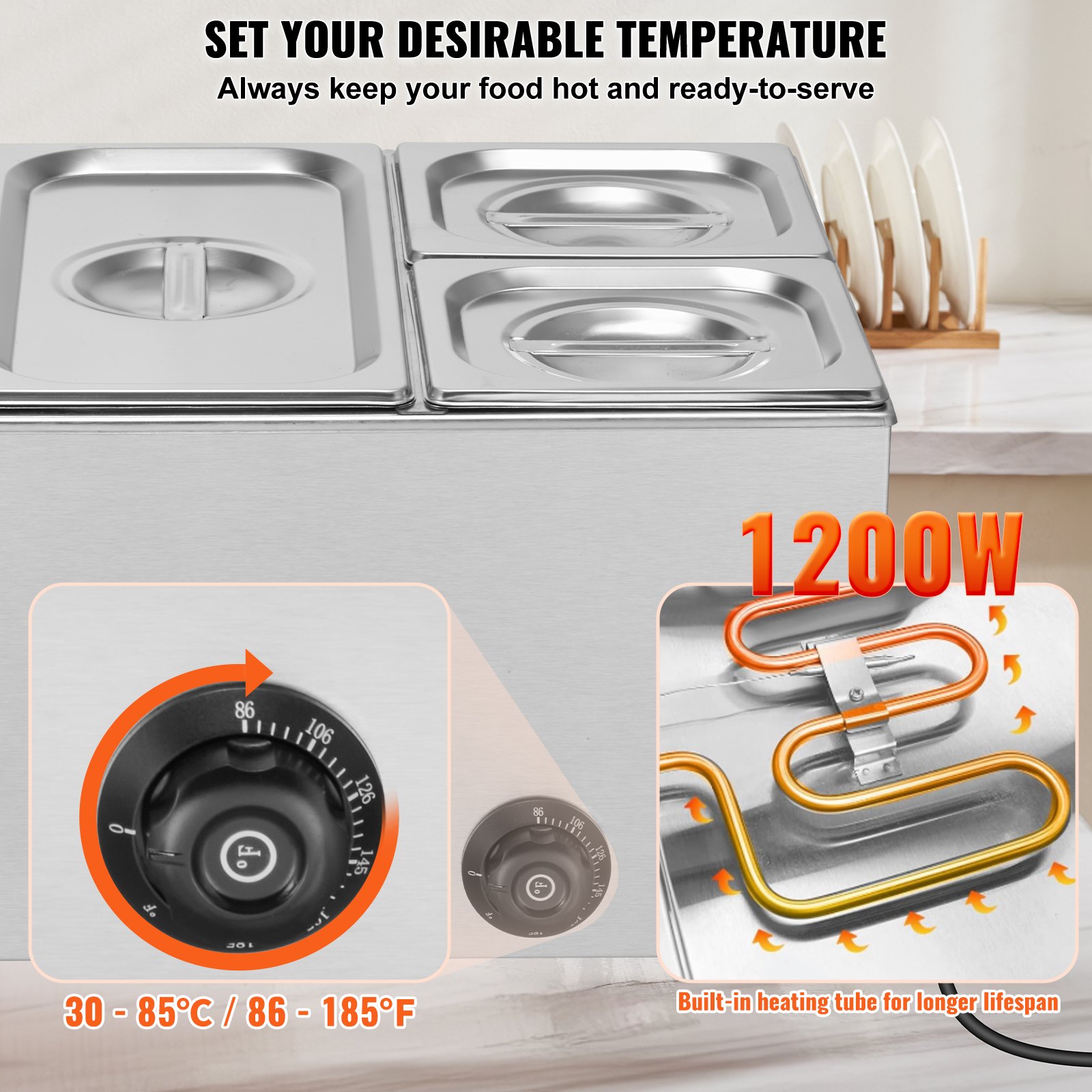 Calentador de alimentos comercial de 4 sartenes VEVOR, mesa de vapor eléctrica de 15,5 l, 1200 W, encimera profesional de acero inoxidable, para bufé, baño María, con control de temperatura de 86 a 185 °F para catering y restaurantes, color plateado