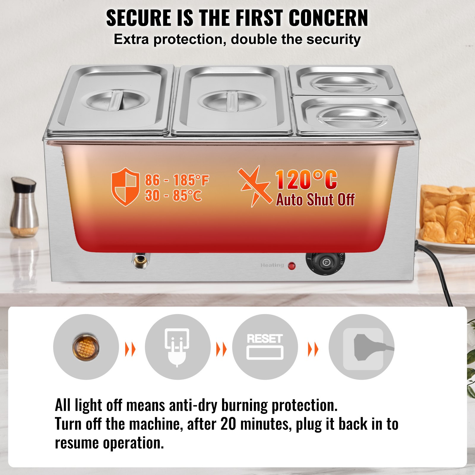 Calentador de alimentos comercial de 4 sartenes VEVOR, mesa de vapor eléctrica de 15,5 l, 1200 W, encimera profesional de acero inoxidable, para bufé, baño María, con control de temperatura de 86 a 185 °F para catering y restaurantes, color plateado