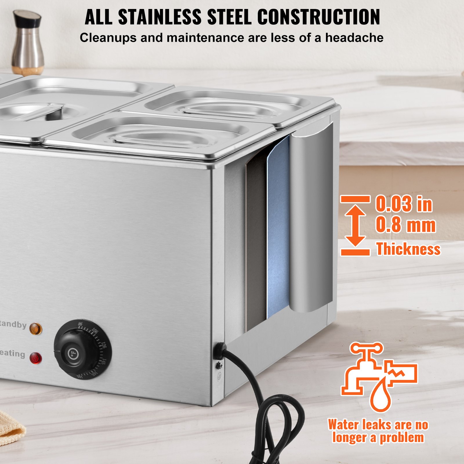 Calentador de alimentos comercial de 4 sartenes VEVOR, mesa de vapor eléctrica de 15,5 l, 1200 W, encimera profesional de acero inoxidable, para bufé, baño María, con control de temperatura de 86 a 185 °F para catering y restaurantes, color plateado