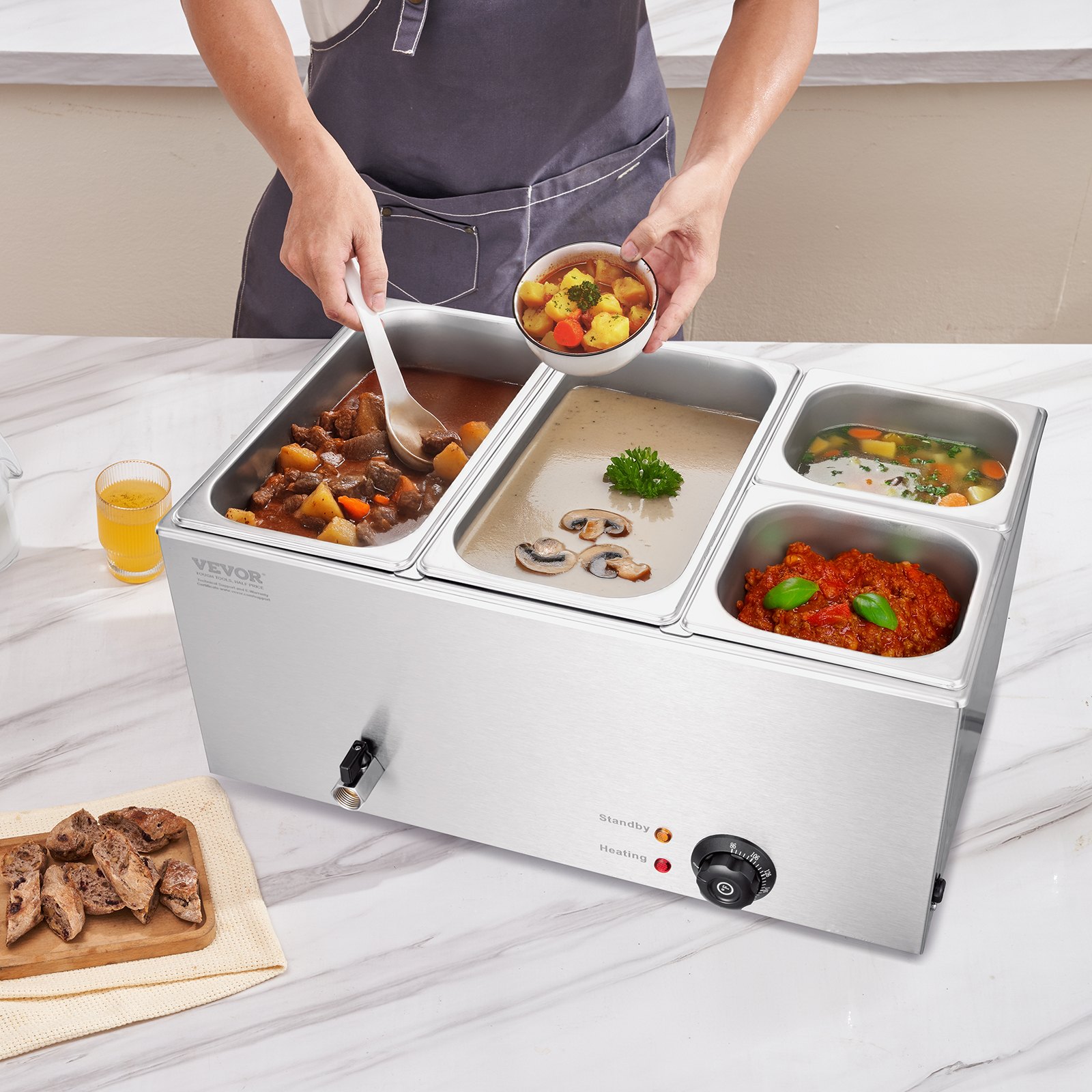 Calentador de alimentos comercial de 4 sartenes VEVOR, mesa de vapor eléctrica de 15,5 l, 1200 W, encimera profesional de acero inoxidable, para bufé, baño María, con control de temperatura de 86 a 185 °F para catering y restaurantes, color plateado