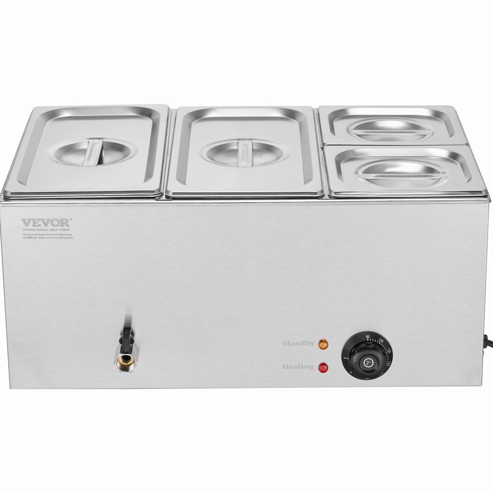 Calentador de alimentos comercial de 4 sartenes VEVOR, mesa de vapor eléctrica de 15,5 l, 1200 W, encimera profesional de acero inoxidable, para bufé, baño María, con control de temperatura de 86 a 185 °F para catering y restaurantes, color plateado