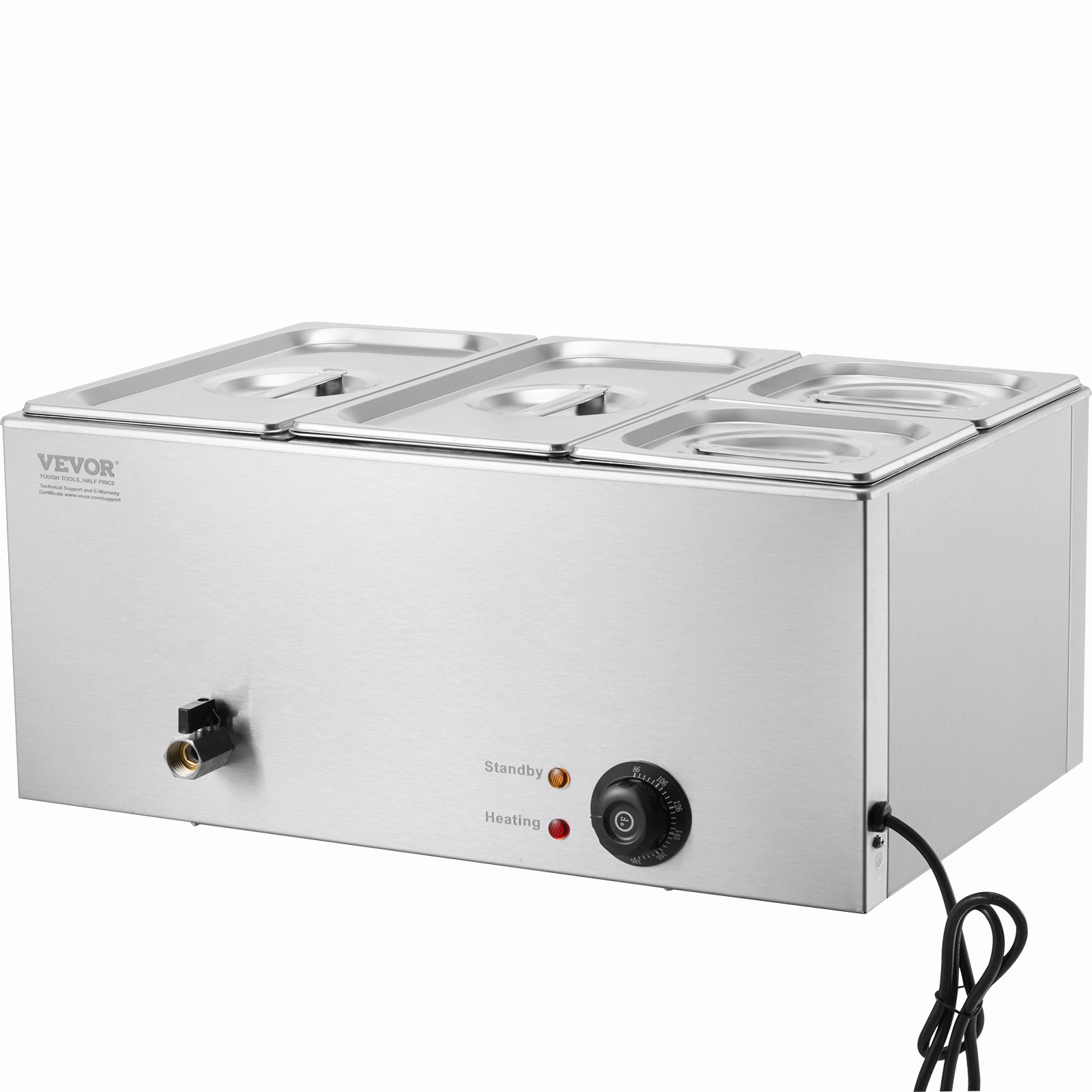 Calentador de alimentos comercial de 4 sartenes VEVOR, mesa de vapor eléctrica de 15,5 l, 1200 W, encimera profesional de acero inoxidable, para bufé, baño María, con control de temperatura de 86 a 185 °F para catering y restaurantes, color plateado