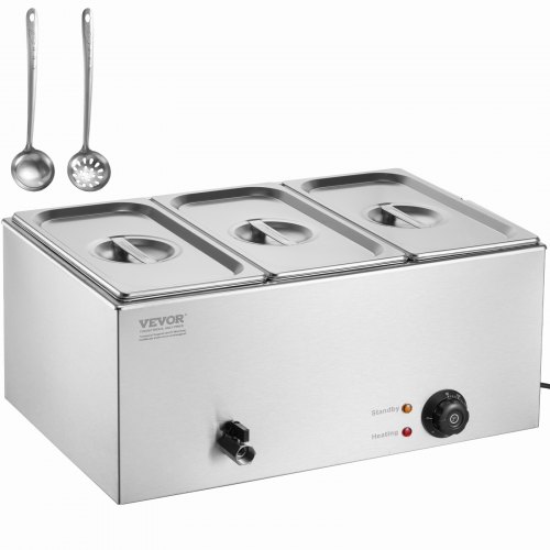 Calentador de alimentos comercial de 3 sartenes VEVOR, mesa de vapor eléctrica de 16,5 l, 1200 W, encimera profesional de acero inoxidable, para bufé, baño María, con control de temperatura de 86 a 185 °F para catering y restaurantes, color plateado