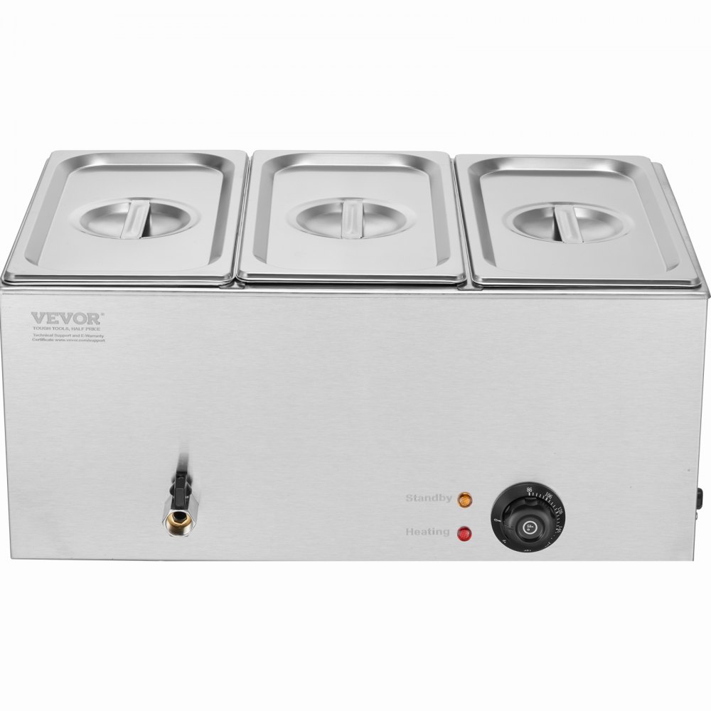 VEVOR Commercial Food Warmer 16.5 L Food Container 3 x 1/3 Size, Electric Warming Plate, 1200 W Professional Stainless Steel Buffet Water Bath, Buffet Bain-Marie, 30-85 °C Silver