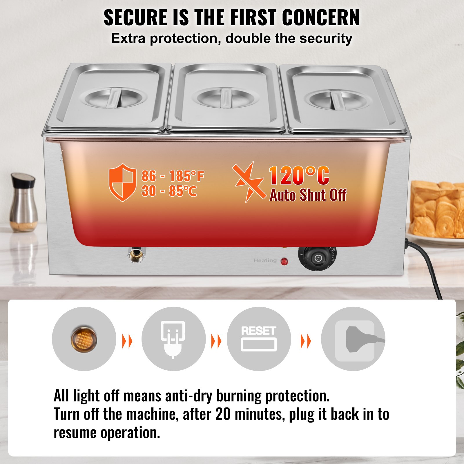 Calentador de alimentos comercial de 3 sartenes VEVOR, mesa de vapor eléctrica de 16,5 l, 1200 W, encimera profesional de acero inoxidable, para bufé, baño María, con control de temperatura de 86 a 185 °F para catering y restaurantes, color plateado