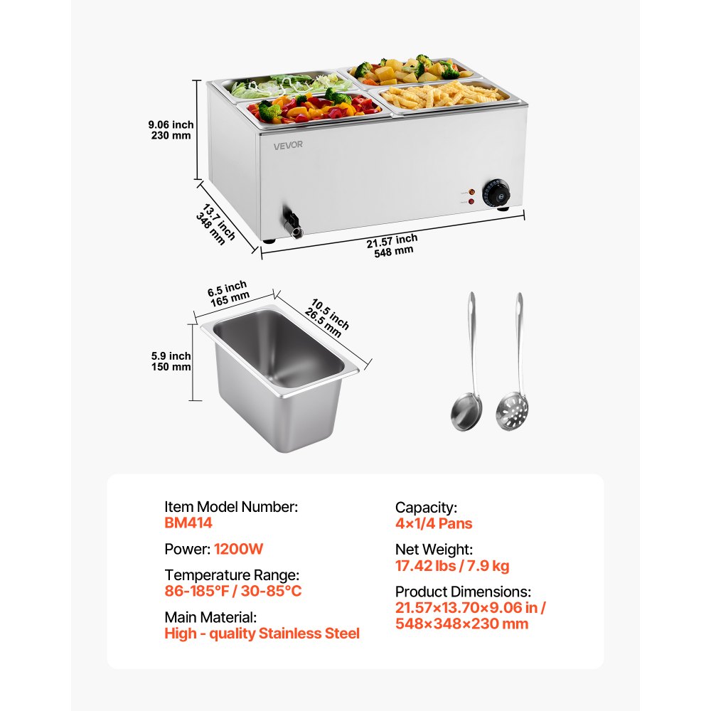 Calentador de alimentos comercial de 4 sartenes VEVOR, mesa de vapor eléctrica de 15 l, 1200 W, encimera profesional de acero inoxidable, para bufé, baño María, con control de temperatura de 86 a 185 °F para catering y restaurantes, color plateado