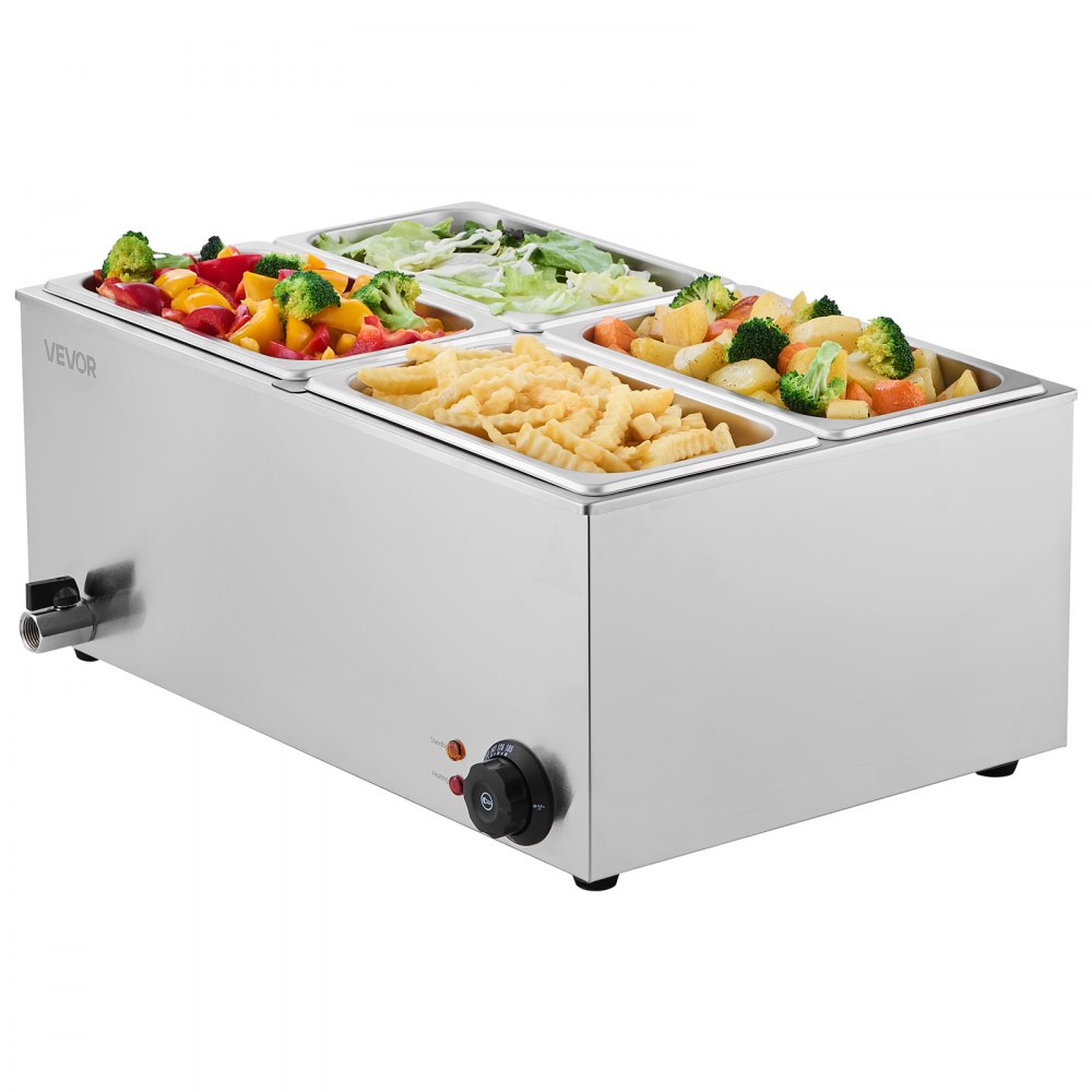 Calentador de alimentos comercial de 4 sartenes VEVOR, mesa de vapor eléctrica de 15 l, 1200 W, encimera profesional de acero inoxidable, para bufé, baño María, con control de temperatura de 86 a 185 °F para catering y restaurantes, color plateado
