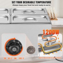 VEVOR Calentador Alimentos Eléctrico 4 Sartenes Encimera 15 L 540 x 360 x 250 mm