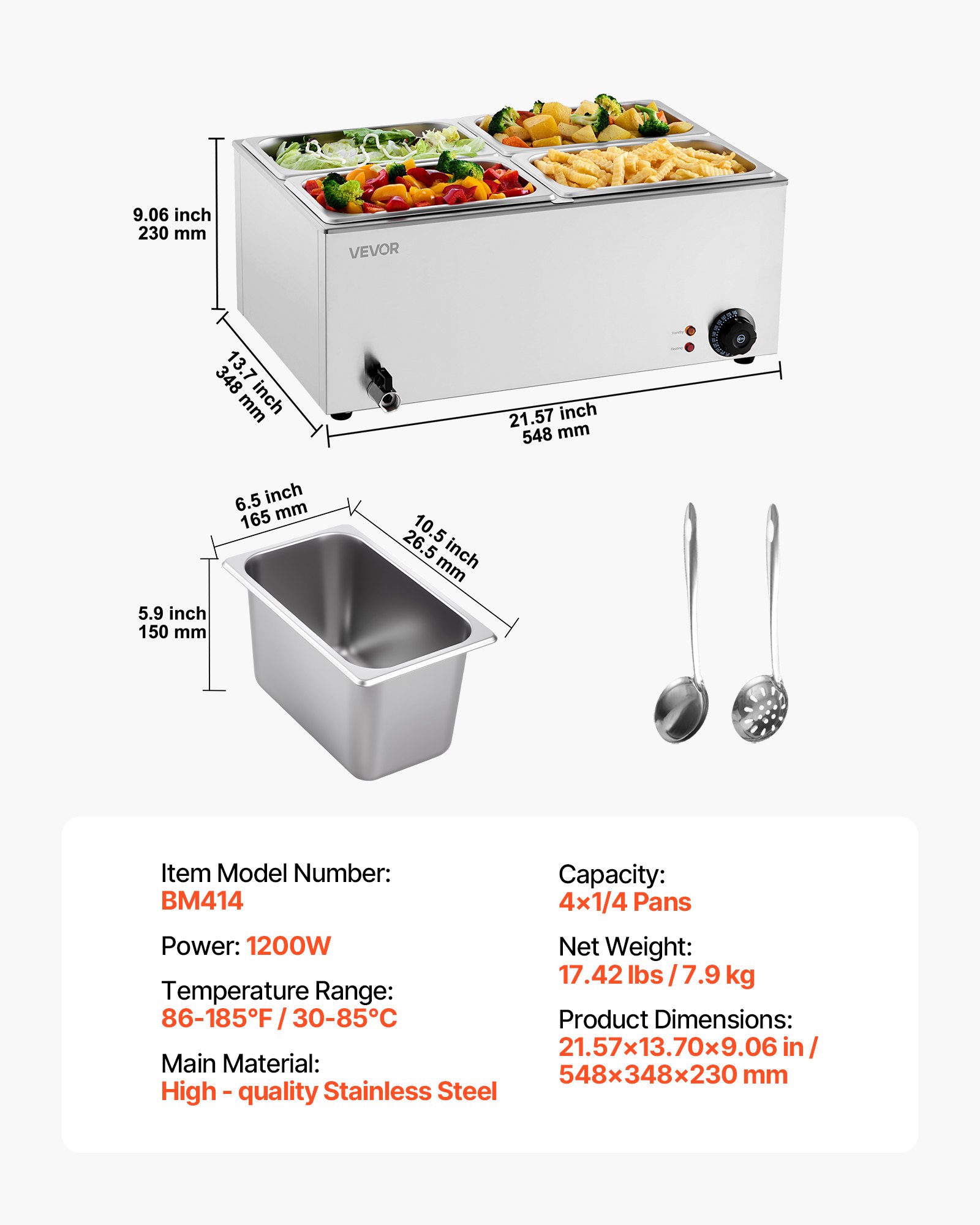 Calentador de alimentos comercial de 4 sartenes VEVOR, mesa de vapor eléctrica de 15 l, 1200 W, encimera profesional de acero inoxidable, para bufé, baño María, con control de temperatura de 86 a 185 °F para catering y restaurantes, color plateado