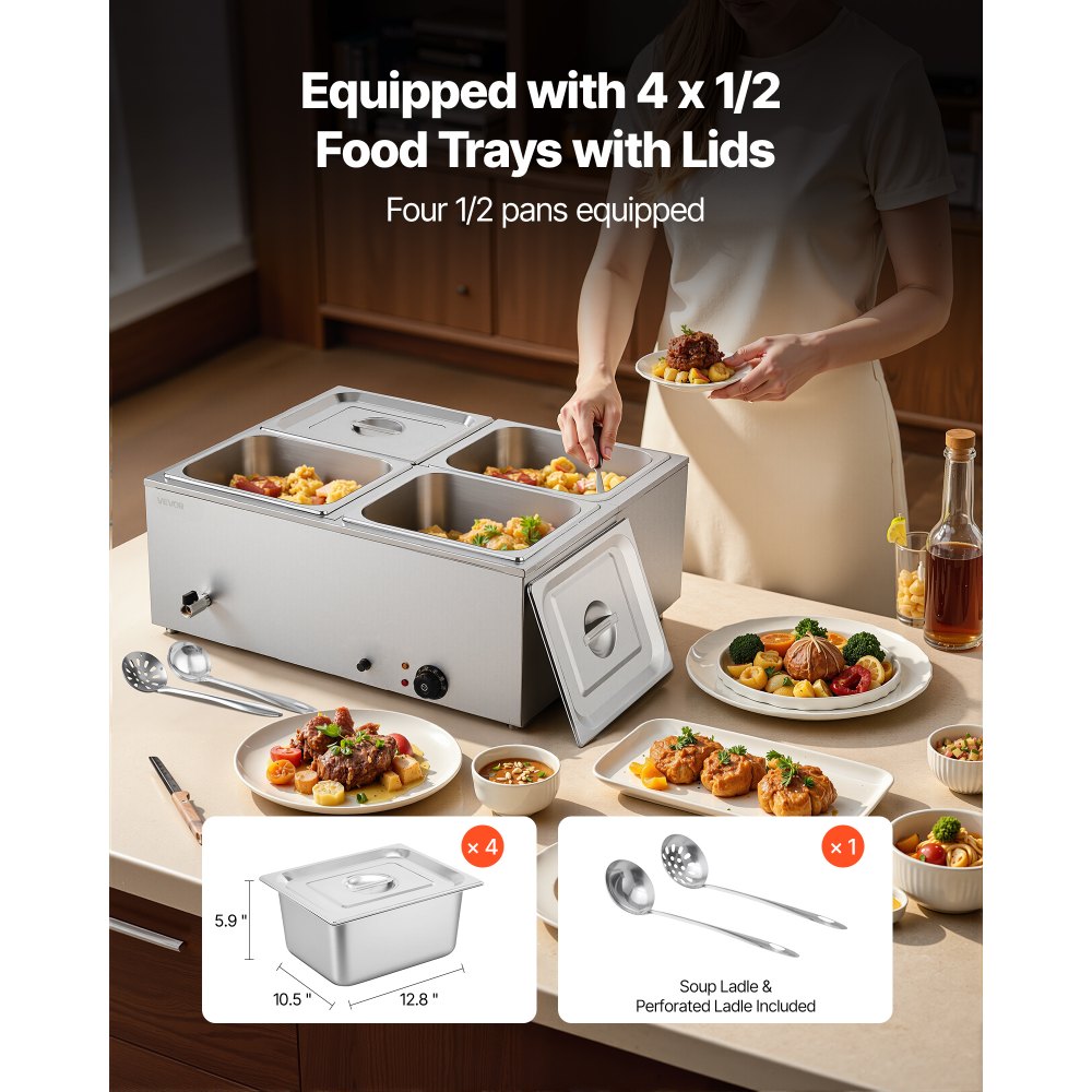VEVOR Calentador de Alimentos 1500 W, Eléctrico, Acero Inoxidable, con Vapor y Tapa, a 4 Bandejas de Calentamiento Rápido, a Buffet de Encimera, Baño María con Cucharones para Sopa y Perforados