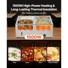 VEVOR Calentador de Alimentos 1500 W, Eléctrico, Acero Inoxidable, con Vapor y Tapa, a 4 Bandejas de Calentamiento Rápido, a Buffet de Encimera, Baño María con Cucharones para Sopa y Perforados
