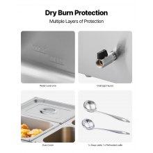 VEVOR Calentador de Alimentos 1500 W, Eléctrico, Acero Inoxidable, con Vapor y Tapa, a 4 Bandejas de Calentamiento Rápido, a Buffet de Encimera, Baño María con Cucharones para Sopa y Perforados