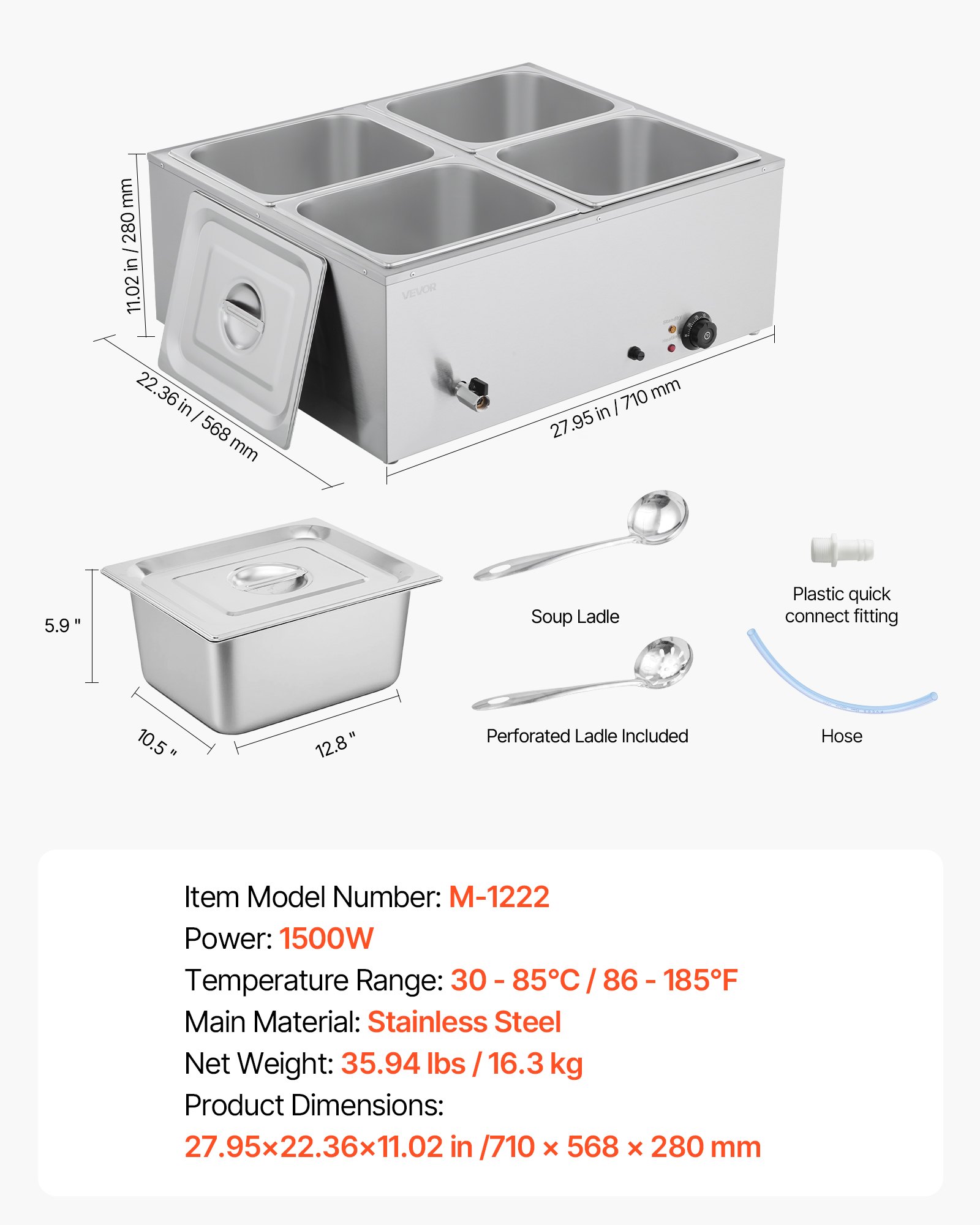 VEVOR Calentador de Alimentos 1500 W, Eléctrico, Acero Inoxidable, con Vapor y Tapa, a 4 Bandejas de Calentamiento Rápido, a Buffet de Encimera, Baño María con Cucharones para Sopa y Perforados