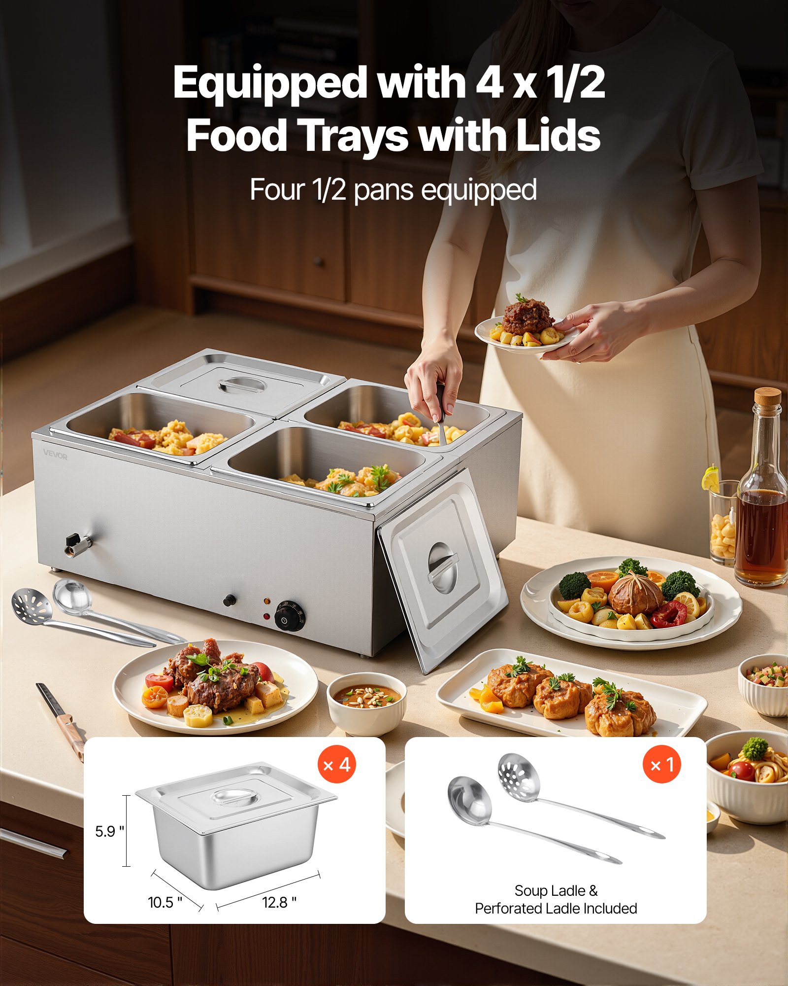 VEVOR Calentador de Alimentos 1500 W, Eléctrico, Acero Inoxidable, con Vapor y Tapa, a 4 Bandejas de Calentamiento Rápido, a Buffet de Encimera, Baño María con Cucharones para Sopa y Perforados