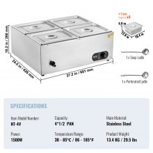 VEVOR Calentador de Alimentos Eléctrico Sartén 4 x 8 Cuartos 691 x 626 x 260 mm