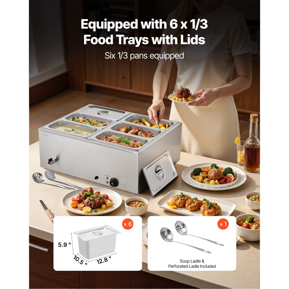 VEVOR Calentador de Alimentos 1500 W, de Acero Inoxidable, con Tapa, para 6 Sartenes, para Bufé de Encimera, Baño María con Cucharones para Sopa y Perforados, para Catering, 710 x 568 x 280 mm