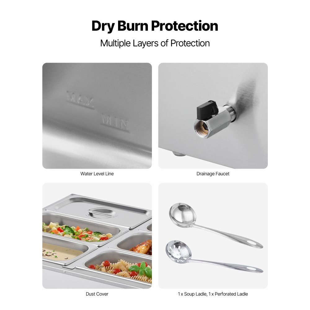 VEVOR Calentador de Alimentos 1500 W, de Acero Inoxidable, con Tapa, para 6 Sartenes, para Bufé de Encimera, Baño María con Cucharones para Sopa y Perforados, para Catering, 710 x 568 x 280 mm