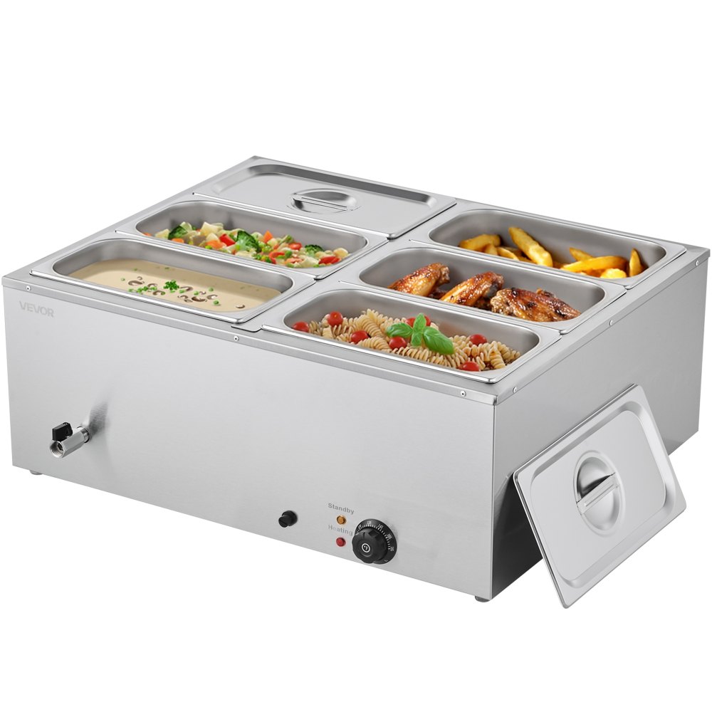 VEVOR Calentador de Alimentos 1500 W, de Acero Inoxidable, con Tapa, para 6 Sartenes, para Bufé de Encimera, Baño María con Cucharones para Sopa y Perforados, para Catering, 710 x 568 x 280 mm