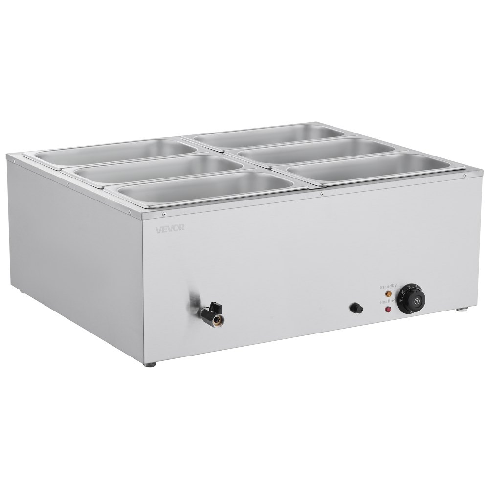VEVOR Calentador de Alimentos 1500 W, de Acero Inoxidable, con Tapa, para 6 Sartenes, para Bufé de Encimera, Baño María con Cucharones para Sopa y Perforados, para Catering, 710 x 568 x 280 mm