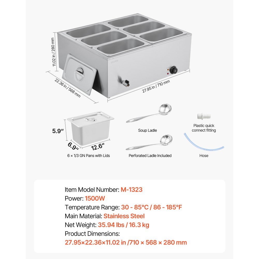 VEVOR Calentador de Alimentos 1500 W, de Acero Inoxidable, con Tapa, para 6 Sartenes, para Bufé de Encimera, Baño María con Cucharones para Sopa y Perforados, para Catering, 710 x 568 x 280 mm