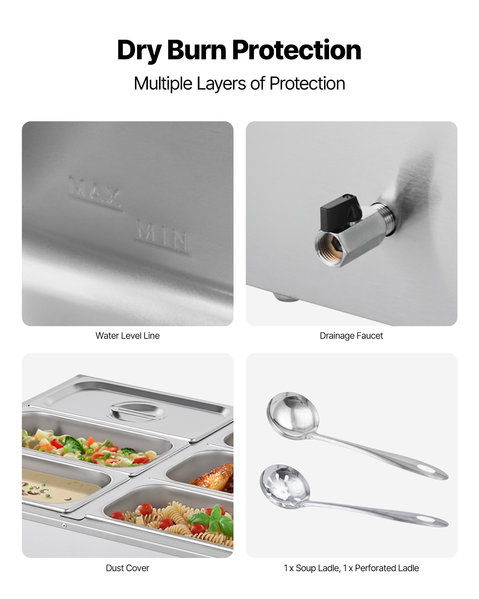 VEVOR Calentador de Alimentos 1500 W, de Acero Inoxidable, con Tapa, para 6 Sartenes, para Bufé de Encimera, Baño María con Cucharones para Sopa y Perforados, para Catering, 710 x 568 x 280 mm