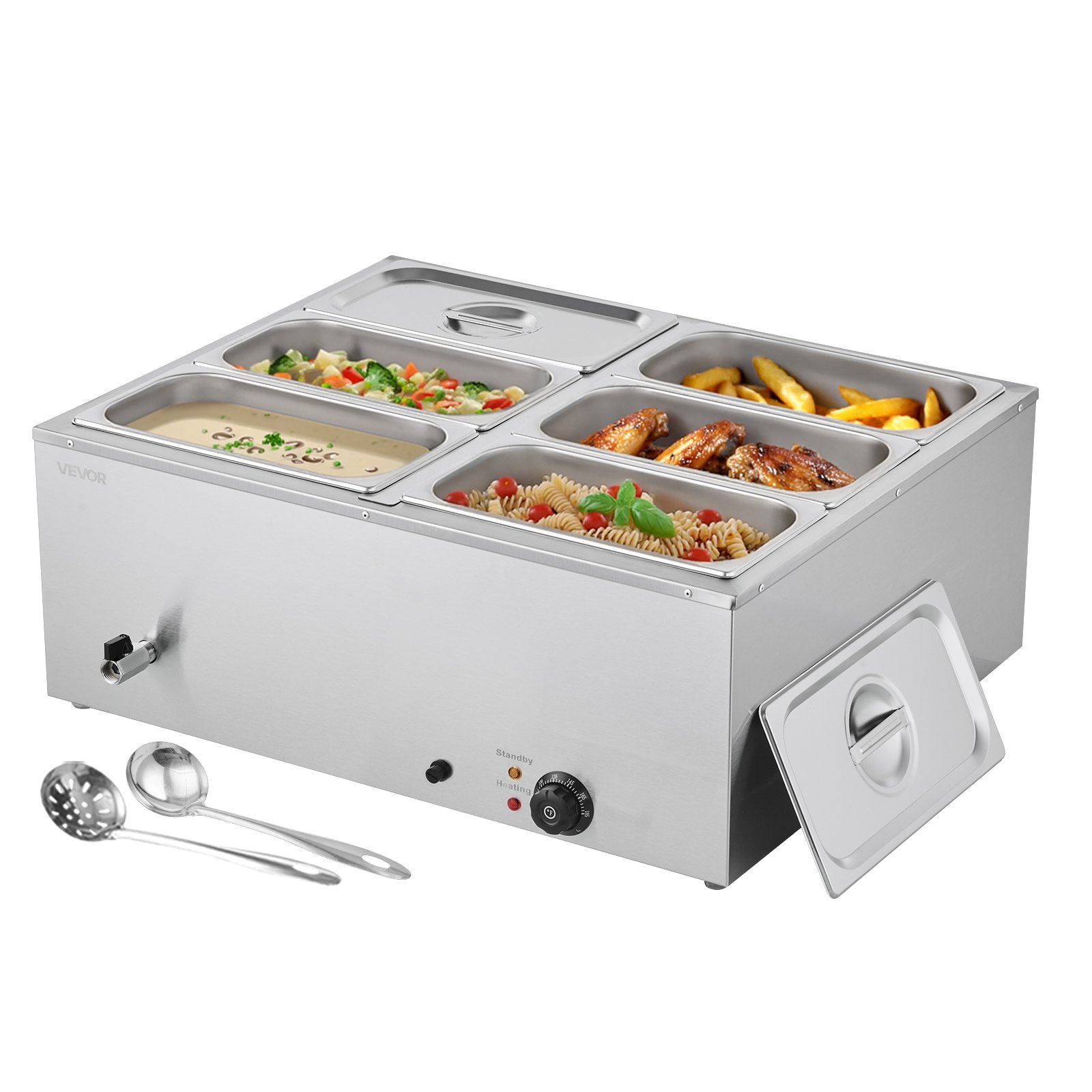 VEVOR Calentador de Alimentos 1500 W, de Acero Inoxidable, con Tapa, para 6 Sartenes, para Bufé de Encimera, Baño María con Cucharones para Sopa y Perforados, para Catering, 710 x 568 x 280 mm