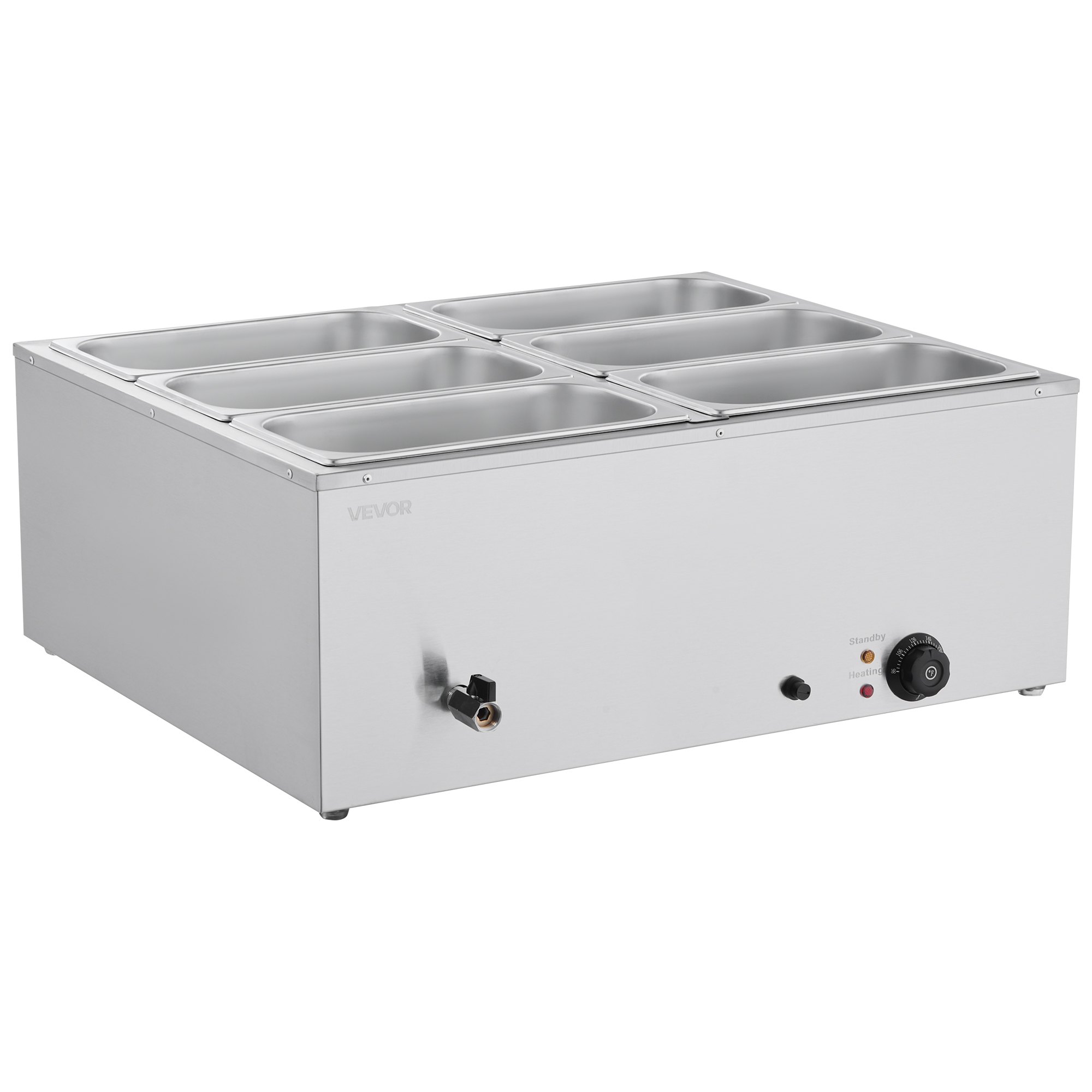 VEVOR Calentador de Alimentos 1500 W, de Acero Inoxidable, con Tapa, para 6 Sartenes, para Bufé de Encimera, Baño María con Cucharones para Sopa y Perforados, para Catering, 710 x 568 x 280 mm